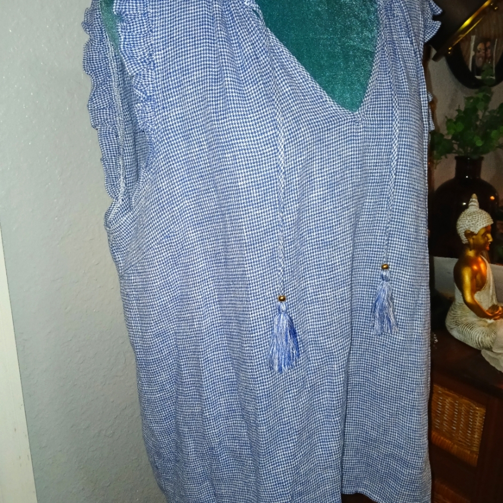 NWOT Ellen Tracy Linen Blue & White Gingham Check Top XL - Picture 2 of 12